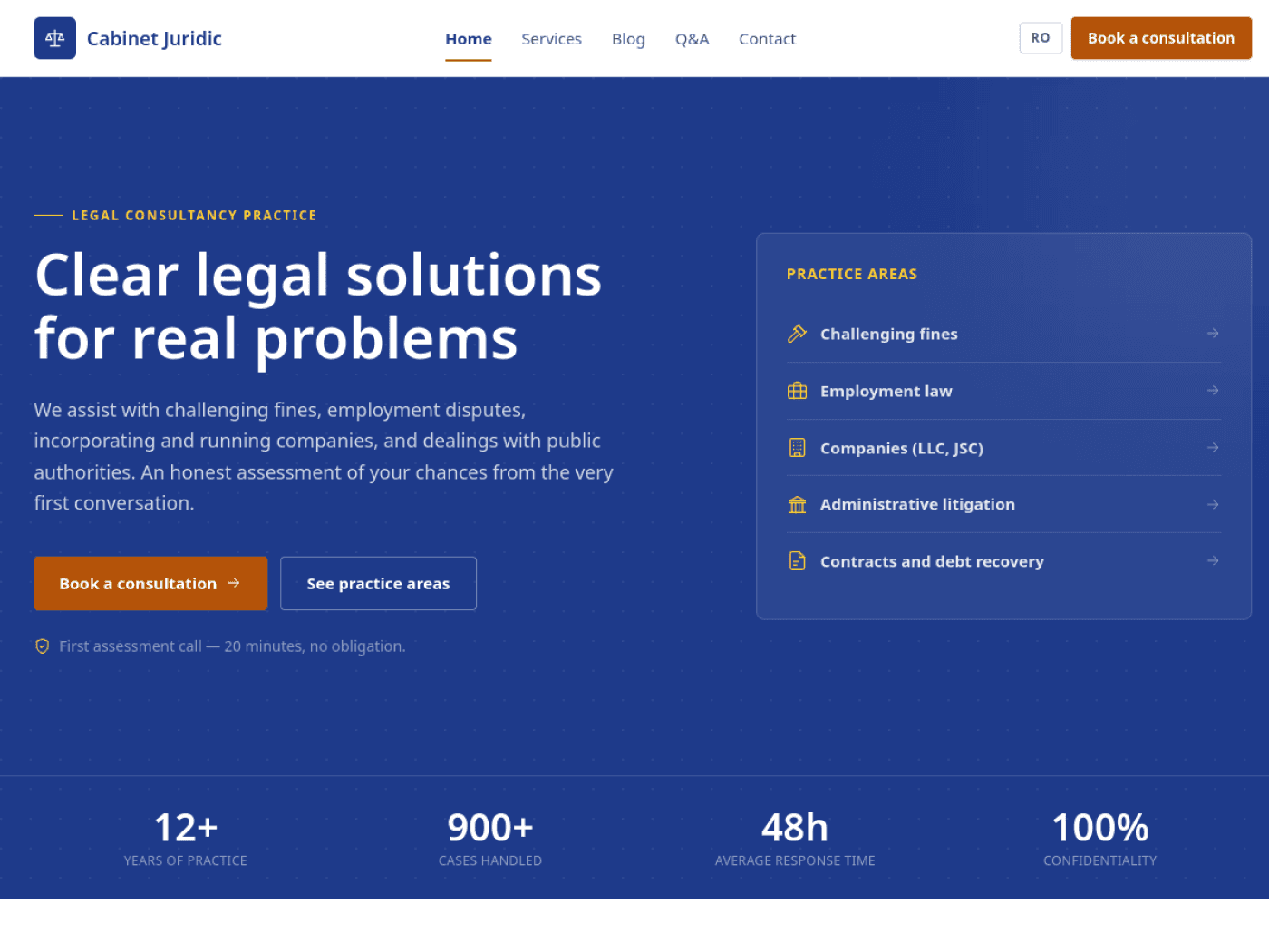 Homepage of the law firm website showing the hero and practice areas