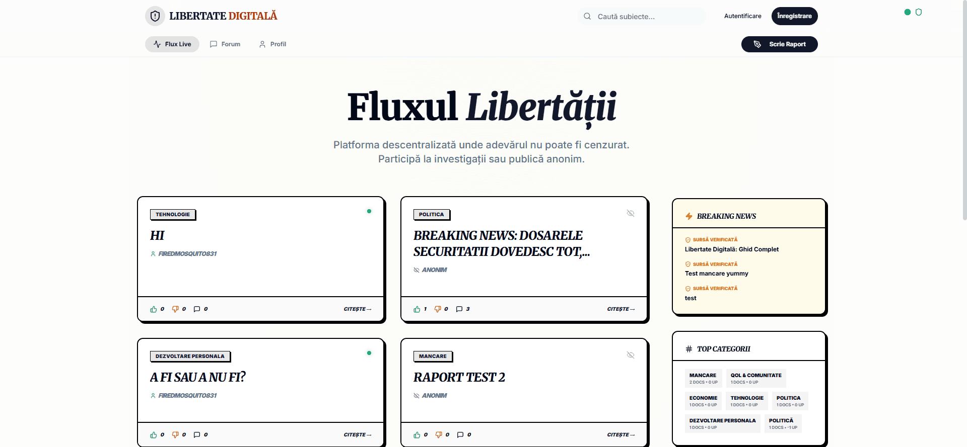 Homepage of the Libertate Digitală platform showing the live investigations feed