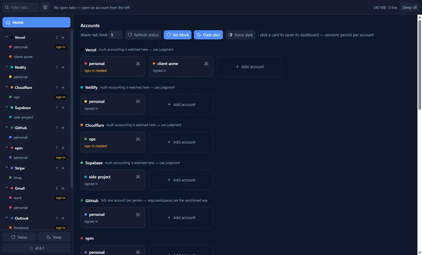 The app's home screen: an account rail on the left and every account as a card, grouped by service